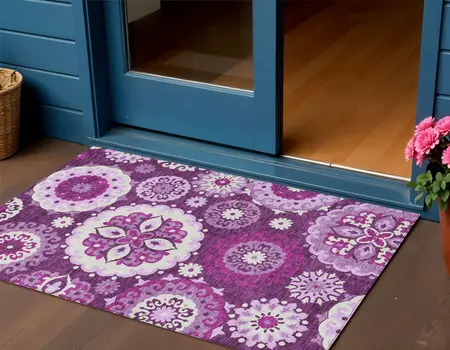 3' X 5' Eggplant And Mauve Floral Medallion Washable Indoor Outdoor Area Rug
