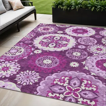 5' X 8' Eggplant And Mauve Floral Medallion Washable Indoor Outdoor Area Rug