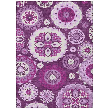 5' X 8' Eggplant And Mauve Floral Medallion Washable Indoor Outdoor Area Rug