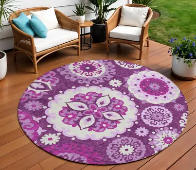 8' Eggplant And Mauve Round Floral Medallion Washable Indoor Outdoor Area Rug
