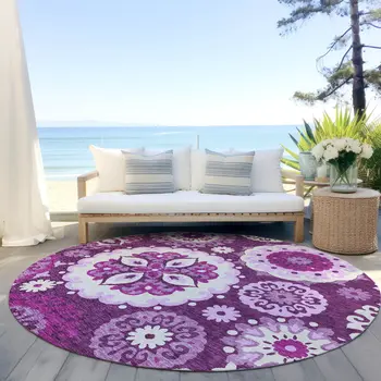 8' Eggplant And Mauve Round Floral Medallion Washable Indoor Outdoor Area Rug