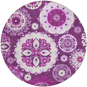 8' Eggplant And Mauve Round Floral Medallion Washable Indoor Outdoor Area Rug