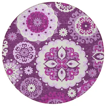 8' Eggplant And Mauve Round Floral Medallion Washable Indoor Outdoor Area Rug