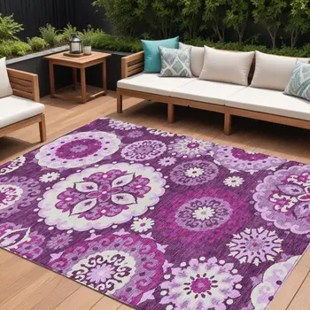 9' X 12' Eggplant And Mauve Floral Medallion Washable Indoor Outdoor Area Rug