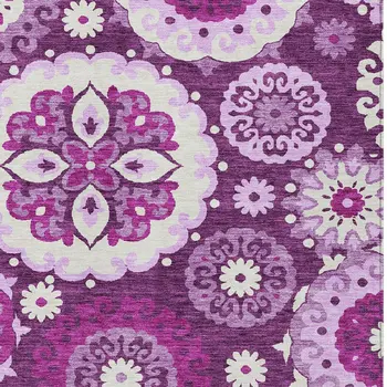 10' X 14' Eggplant And Mauve Floral Medallion Washable Indoor Outdoor Area Rug