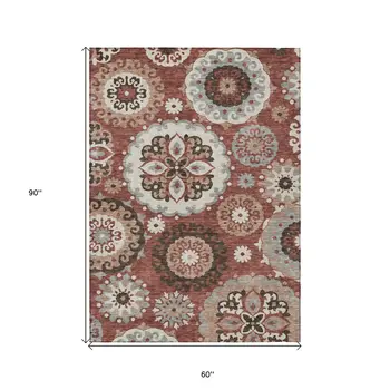 5' X 8' Orange Taupe And Gray Floral Medallion Washable Indoor Outdoor Area Rug
