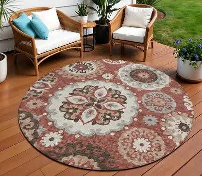8' Orange Taupe And Gray Round Floral Medallion Washable Indoor Outdoor Area Rug