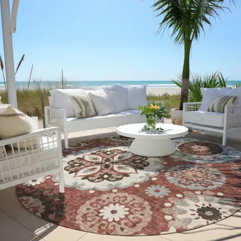 8' Orange Taupe And Gray Round Floral Medallion Washable Indoor Outdoor Area Rug