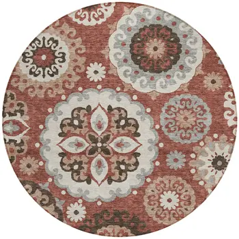 8' Orange Taupe And Gray Round Floral Medallion Washable Indoor Outdoor Area Rug
