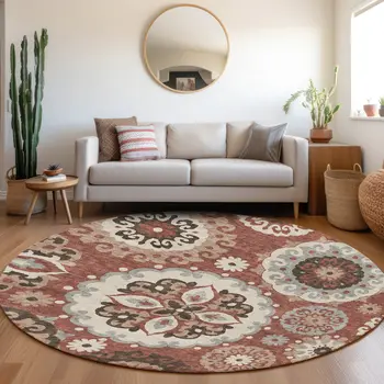 8' Orange Taupe And Gray Round Floral Medallion Washable Indoor Outdoor Area Rug