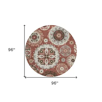 8' Orange Taupe And Gray Round Floral Medallion Washable Indoor Outdoor Area Rug