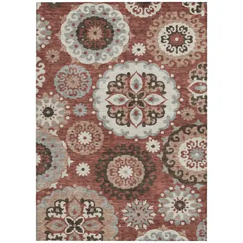 9' X 12' Orange Taupe And Gray Floral Medallion Washable Indoor Outdoor Area Rug