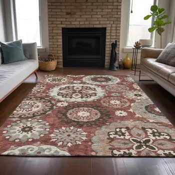 9' X 12' Orange Taupe And Gray Floral Medallion Washable Indoor Outdoor Area Rug