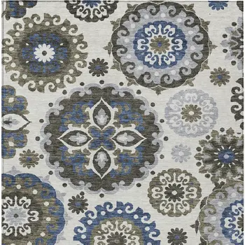5' X 8' Pewter Silver And Gray Floral Medallion Washable Indoor Outdoor Area Rug