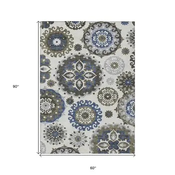 5' X 8' Pewter Silver And Gray Floral Medallion Washable Indoor Outdoor Area Rug