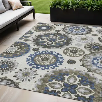 5' X 8' Pewter Silver And Gray Floral Medallion Washable Indoor Outdoor Area Rug