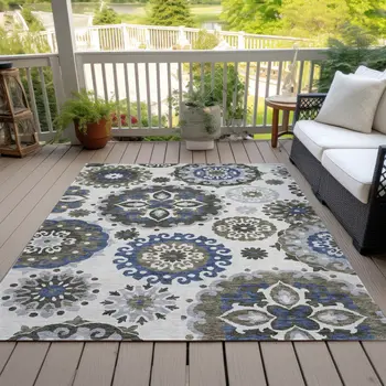 5' X 8' Pewter Silver And Gray Floral Medallion Washable Indoor Outdoor Area Rug