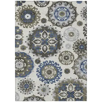 5' X 8' Pewter Silver And Gray Floral Medallion Washable Indoor Outdoor Area Rug