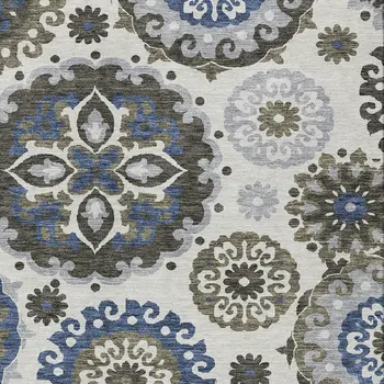 5' X 8' Pewter Silver And Gray Floral Medallion Washable Indoor Outdoor Area Rug