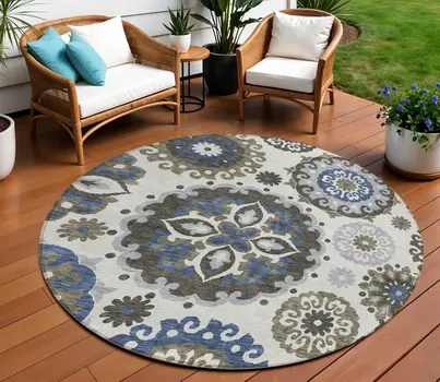 8' Pewter Silver And Gray Round Floral Medallion Washable Indoor Outdoor Area Rug