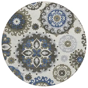 8' Pewter Silver And Gray Round Floral Medallion Washable Indoor Outdoor Area Rug