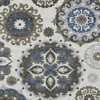 8' X 10' Pewter Silver And Gray Floral Medallion Washable Indoor Outdoor Area Rug
