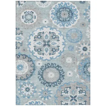 3' X 5' Sky Blue And Denim Blue Floral Medallion Washable Indoor Outdoor Area Rug