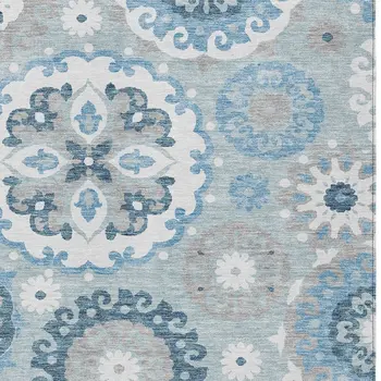 3' X 5' Sky Blue And Denim Blue Floral Medallion Washable Indoor Outdoor Area Rug