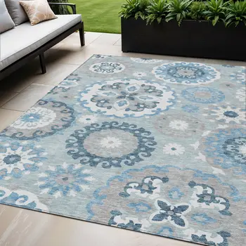 5' X 8' Sky Blue And Denim Blue Floral Medallion Washable Indoor Outdoor Area Rug