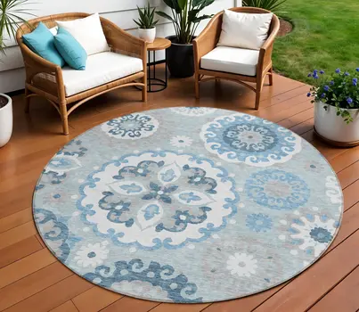 8' Sky Blue And Denim Blue Round Floral Medallion Washable Indoor Outdoor Area Rug