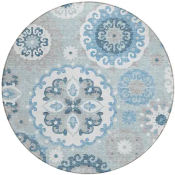 8' Sky Blue And Denim Blue Round Floral Medallion Washable Indoor Outdoor Area Rug