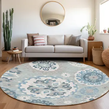 8' Sky Blue And Denim Blue Round Floral Medallion Washable Indoor Outdoor Area Rug