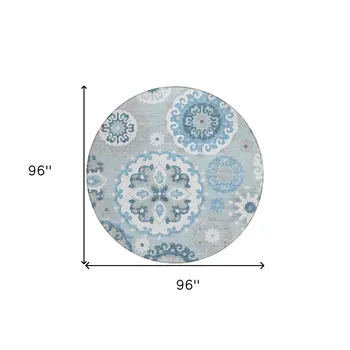 8' Sky Blue And Denim Blue Round Floral Medallion Washable Indoor Outdoor Area Rug