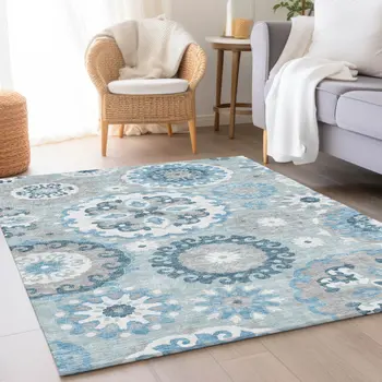 8' X 10' Sky Blue And Denim Blue Floral Medallion Washable Indoor Outdoor Area Rug
