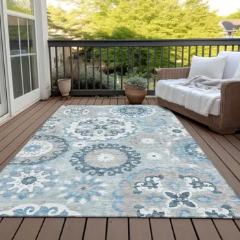 9' X 12' Sky Blue And Denim Blue Floral Medallion Washable Indoor Outdoor Area Rug
