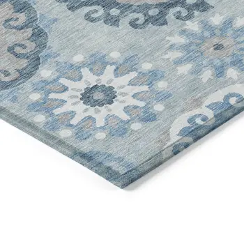 9' X 12' Sky Blue And Denim Blue Floral Medallion Washable Indoor Outdoor Area Rug