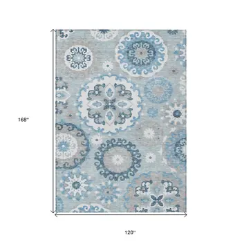 10' X 14' Sky Blue And Denim Blue Floral Medallion Washable Indoor Outdoor Area Rug