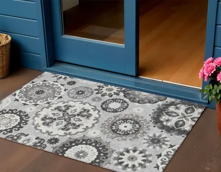 3' X 5' Silver Gray And Ivory Floral Medallion Washable Indoor Outdoor Area Rug