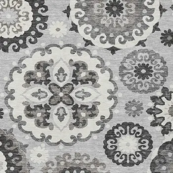 3' X 5' Silver Gray And Ivory Floral Medallion Washable Indoor Outdoor Area Rug