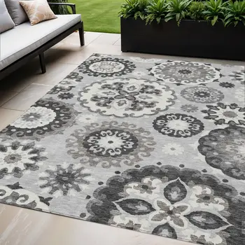 5' X 8' Silver Gray And Ivory Floral Medallion Washable Indoor Outdoor Area Rug