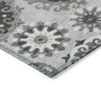 5' X 8' Silver Gray And Ivory Floral Medallion Washable Indoor Outdoor Area Rug