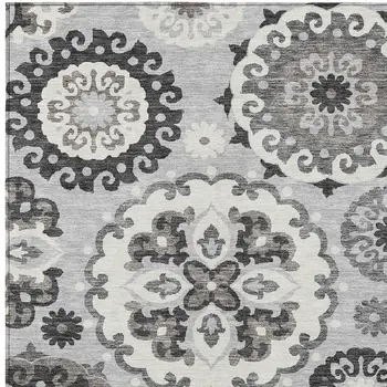5' X 8' Silver Gray And Ivory Floral Medallion Washable Indoor Outdoor Area Rug