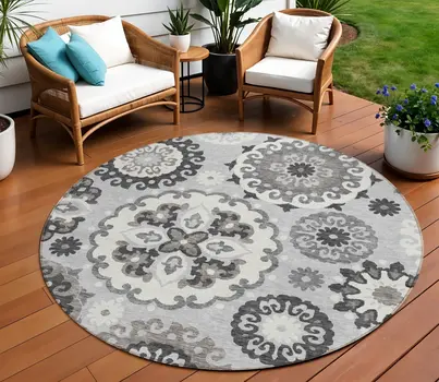 8' Silver Gray And Ivory Round Floral Medallion Washable Indoor Outdoor Area Rug