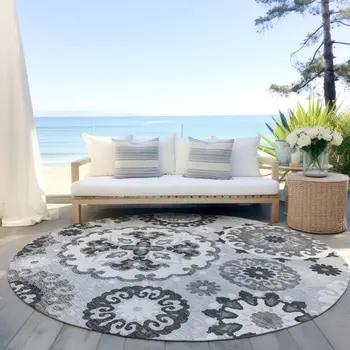 8' Silver Gray And Ivory Round Floral Medallion Washable Indoor Outdoor Area Rug
