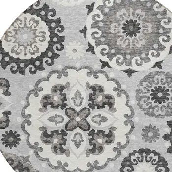 8' Silver Gray And Ivory Round Floral Medallion Washable Indoor Outdoor Area Rug