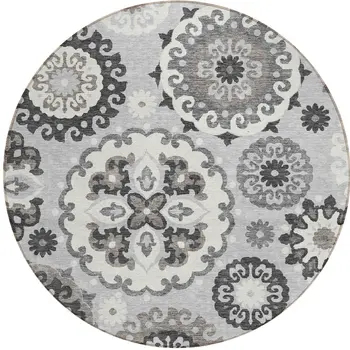 8' Silver Gray And Ivory Round Floral Medallion Washable Indoor Outdoor Area Rug