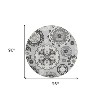 8' Silver Gray And Ivory Round Floral Medallion Washable Indoor Outdoor Area Rug