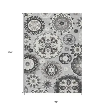 8' X 10' Silver Gray And Ivory Floral Medallion Washable Indoor Outdoor Area Rug