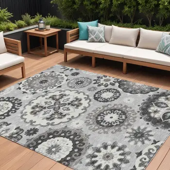 8' X 10' Silver Gray And Ivory Floral Medallion Washable Indoor Outdoor Area Rug