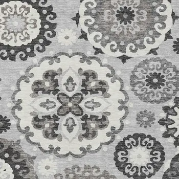 9' X 12' Silver Gray And Ivory Floral Medallion Washable Indoor Outdoor Area Rug